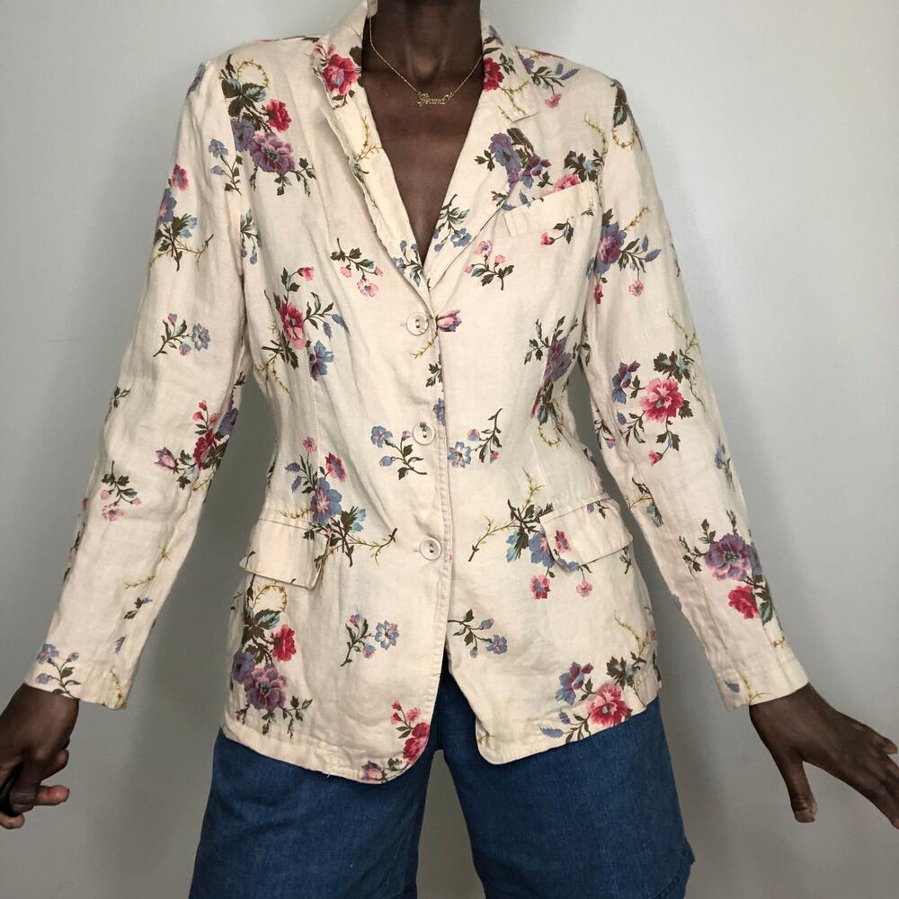 Vintage 1990s Oat Karen Kane Floral Print Linen Relaxed Blazer Size Large
